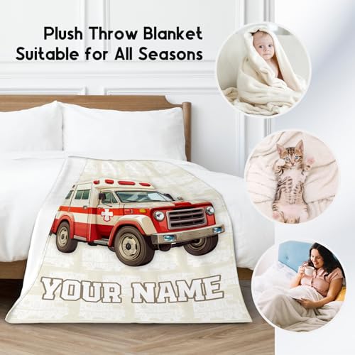Personalized Ambulance Blanket, Cozy Soft Throw Gifts for Kids, Cute White Flannel Throw Blankets for Bed Travel, 50x60 Inches