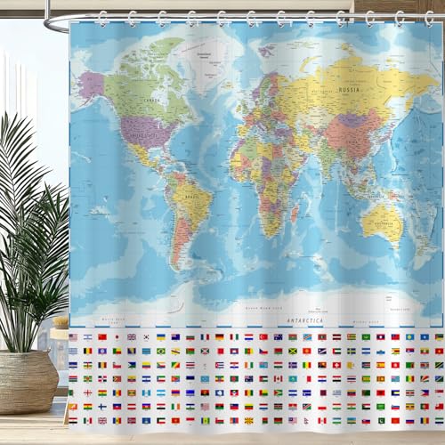 Aeivice World Map Shower Curtain Funny World Map National Educational Shower Curtain Set Kids Boys Girls Geography Fabric Shower Curtain for Bathroom with 12PCS Hooks 72X72IN