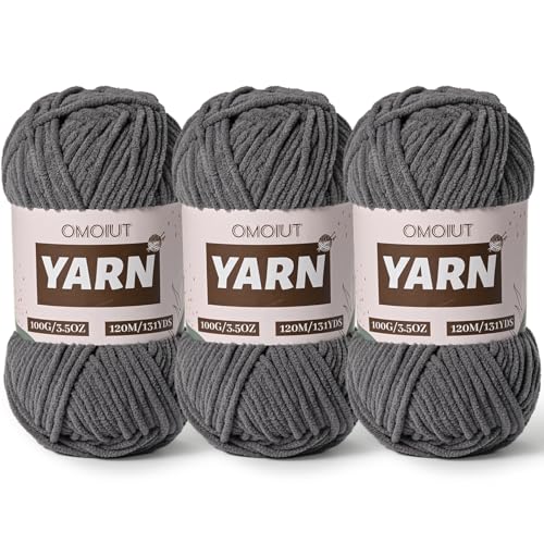 Image of 3 Packs Plush Chenille Chunky Crochet Yarn - Baby Yarn for Crocheting Soft - Velvet Yarns Knitting for Blankets Crafts - Fluffy Amigurumi Yarns 300g / 393yd (3 Dark Gray)