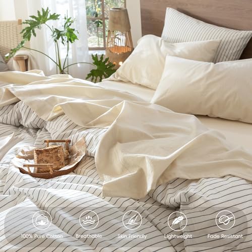 Image of MooMee Sheet Set 100% Washed Cotton Linen-Like Extra Deep Pocket Queen | Relaxed Linen-like Texture. Soft, Breathable & Lightweight Comfort. 15-19 inch Extra Deep Pocket with All-around Elastic