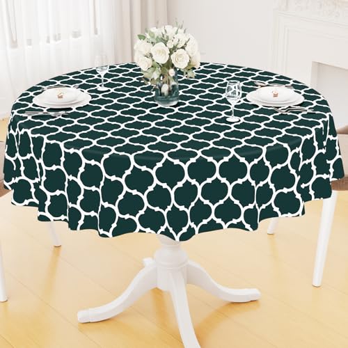 Image of Smiry Round Table Cloth, Flannel Backed Vinyl Tablecloth, 60 inch Round | Waterproof Plastic Tablecloths, Wipeable Table Cover for Dining, Indoor and Outdoor (Hunter Green)