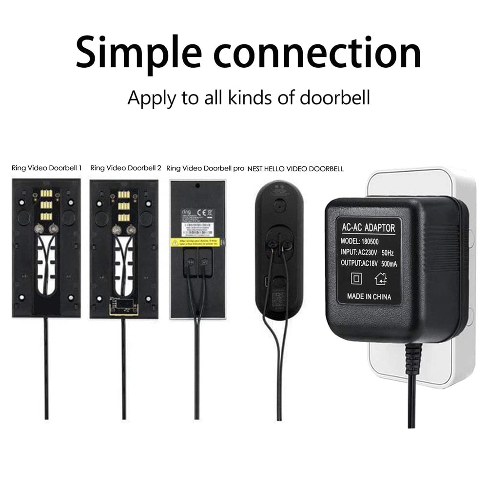 ARMED Adaptateur Secteur pour Sonnette, Transformateur de Sonnette 18V 500MA, Câble 10M, Sonnette à Anneau Compatible, Sonnette VidéO Prise UE