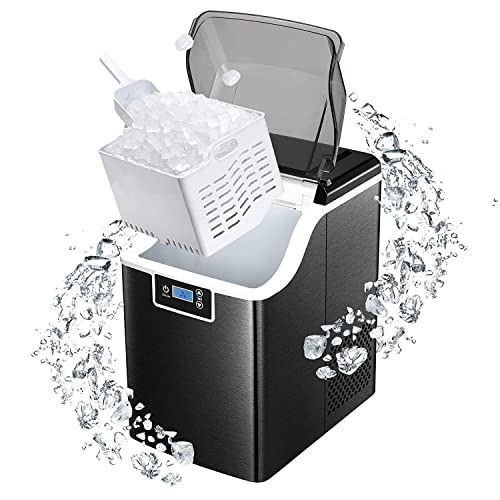 R.W.FLAME Nugget Ice Maker Countertop, Pebble/Pellet Ice Maker，Ice Ready in 10-15 Mins, 44Lbs/24H, Auto Self-Cleaning, with LCD Screen for Home Office Party Bar,Silver