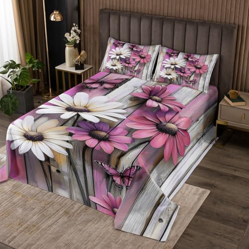 Pink Farmhouse Daisy Quilt Set for Kids Teens,Wooden Flower Bedspread,Rustic Floral Butterfly Bed Cover Country Style Bedding Set Decorative Quilted 2 Piece Coverlet with 1 Pillow Sham,Twin Size