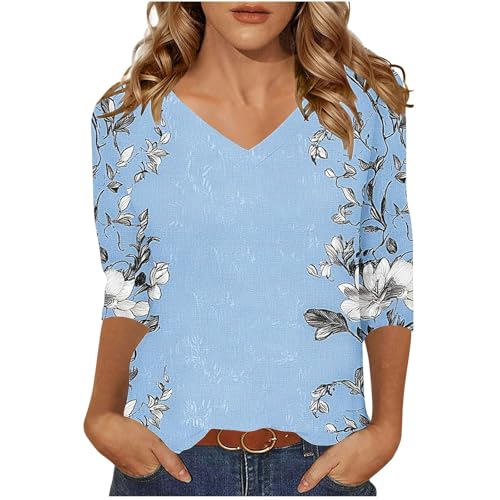 Women's 3/4 Sleeves V-Neck T-Shirts Boho Style Floral Shirts Loose Casual Comfy Blouses Tunic Tops for All Seasons Style004 XX-Large