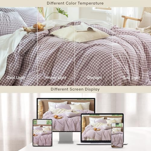 Image of MooMee Gingham Duvet Cover Set 100% Washed Cotton Linen Like Textured Breathable Durable Soft Comfy Modern Checkered Design (Classic Gingham Light Purple, Queen 90 inchx90 inch)