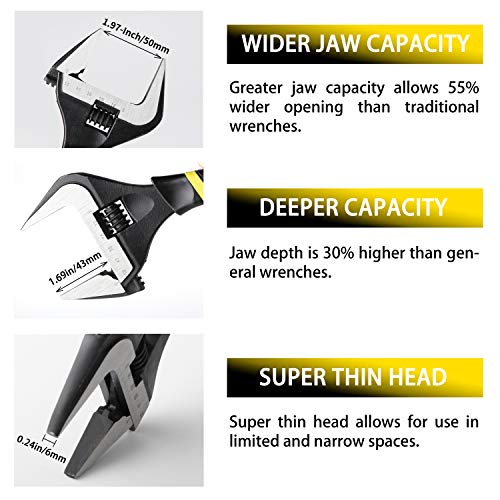 GETUPOWER 10-Inch Adjustable Wrench, Black Oxide Finish, Wide Opening Ultra-thin Adjustable Wrench, Chrome Vanadium Alloy Adjustable Spanner and Pipe forceps