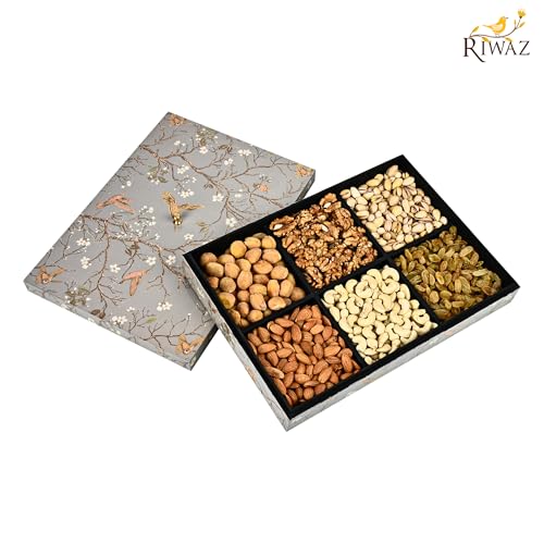 Image of Riwaz Elite Flying Bird & Floral Design Dry Fruit Gift Box | 6 Compartment Assorted Nuts (Almonds, Cashews, Pistachios, Walnuts, Apricots & Raisins) | Luxury Healthy Gifting Hamper for Diwali, Wedding & Corporate Celebrations (600g)