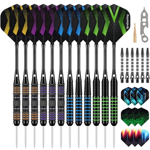 Grebarley Dartpfeile mit Metallspitze,12 Stück Profi Steeldarts 18 Aluminium Schaft mit 9 Flights 20 Orings