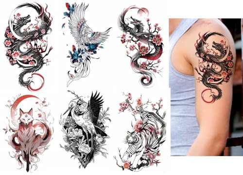 6 fogli temporanei fenice tatuaggio volpe tatuaggio tigre drago tatuaggio animali tatuaggi finti JAP6