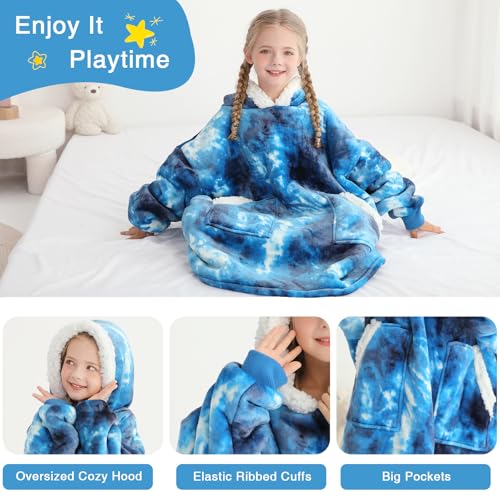 Kipswiza Blanket Hoodie for Kids Oversized Wearable Blanket, Super Soft Warm Sherpa Fleece Blankets Sweatshirt for Girls Boys Children - Blue Tie Dye