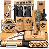 Beard Straightener Grooming Kit for Men, Beard Growth Kit, Wash, Brush & Comb, Unscented Growth Oil, All Natural Sandalwood Balm, Conditioner, Razor & Scissors, Great Gift Idea for Men's (Bamboo)