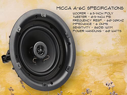 Micca 6.5" 2-Way In Ceiling Or Wall Round Speakers, 4 Pack, 6.5 Inch Woofer, 8" Cutout Diameter, Low Profile Rimless Design, For Indoor Rooms Or Covered Outdoor Porches, White, Paintable #TOP3