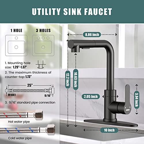 Kitchen Faucets, Matte Black Kitchen Faucet With Pull Down Sprayer And Deck Plate, Stainless Steel Commercial Utility Kitchen Faucets For Sink 3 Hole For Bar Rv Camper Laundry Outdoor Farmhouse Sink #TOP4