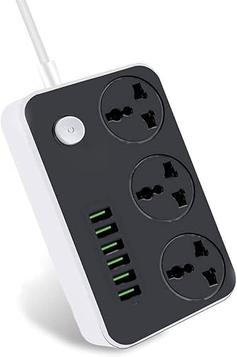 Fantasi Regleta de alimentación con puertos USB, 6 tomas, cable de 6.5 pies, disyuntor de 2500 W, puerta segura para niños, negro