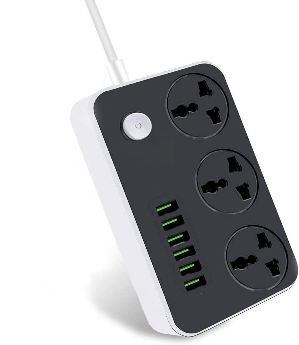 Fantasi Power Strip with USB Ports, 6 Outlets, 6.5ft Cord, 2500W Circuit Breaker, Child Safe Door, Black