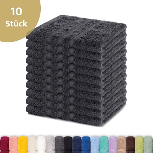 Lavea® 10er Seiftuch Set, 30 x 30 cm, 100% Baumwolle Frottier 500 g/m², Gästehandtücher und kleine Waschlappen, pflegeleicht 60 °C, Frottierserie Elena, ideal für Bad und Gäste WC, Anthrazit