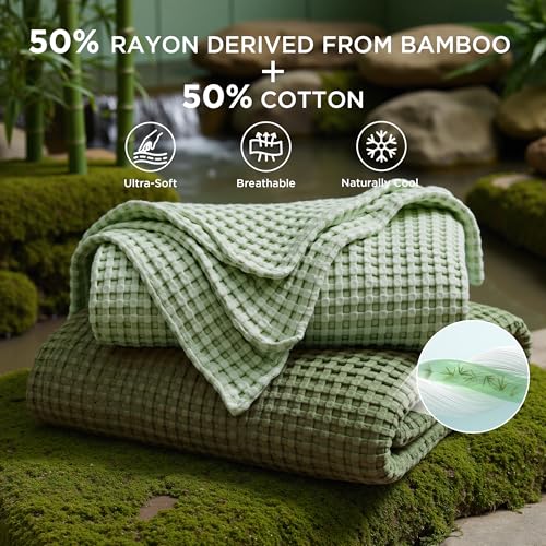 Image of Bedsure Cooling Cotton Waffle Full Size Blanket - Lightweight Breathable Blanket of Rayon Derived from Bamboo for Hot Sleepers, Luxury Throws for Bed, Couch and Sofa, Olive Green, 80x90 Inches