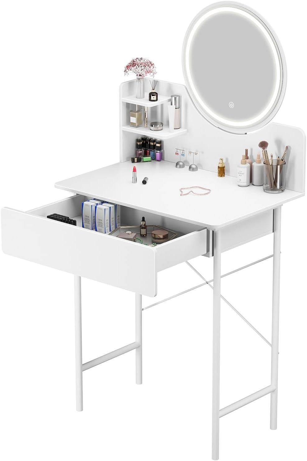 モダンなメイクアップ化粧台、調節可能な LED 照明、ミラー、収納付き、引き出しと棚付きホワイト化粧台、メイクアップオーガナイザース