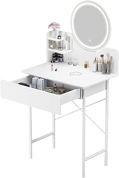 cdar Dressing Table with LED Lights, Vanity Table with Drawer & 2 Open Shelves, 3 Modes Brightness Adjustable, Makeup Desk Without Stool, 60cm40cm126cm White