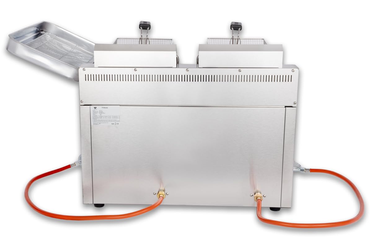 Beeketal Profi Gasfritteuse BGF-13P – Edelstahl Gastro Doppel-Fritteuse 2x 22L (Öl 2x 15L), 7,4 kW LPG Propan/Butan Stand-/Tischgerät mit Kaltzone und Ablaufhahn, inkl. 2 Körbe & Schaumlöffel