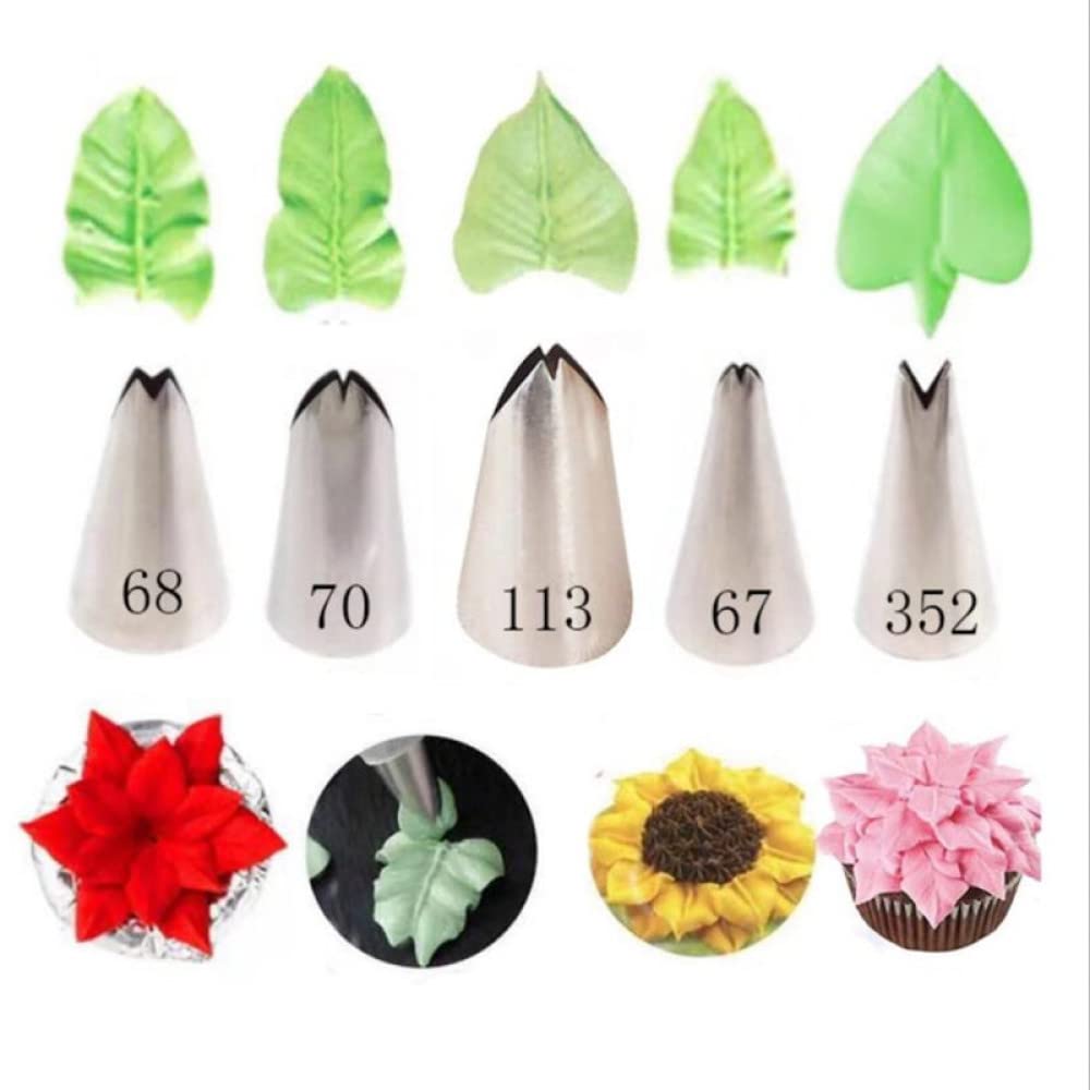 Herramientas de decoración de pasteles DIY, puntas for tuberías de pasteles, juego de 5 piezas, boquillas de hojas, boquillas for glaseado de acero inoxidable, puntas de repostería for fonda