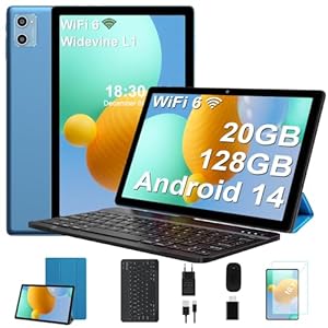 SUAAT Newest Tablet Android 14 10 Pollici 20GB RAM+128GB ROM(1TB TF), WiFi 6,Octa-Core,1.8Ghz, GMS, 8MP + 5MP, Bluetooth 5.0,OTG, Cast, Tablet PC con Custodia, Tastiera e Mouse, BLU