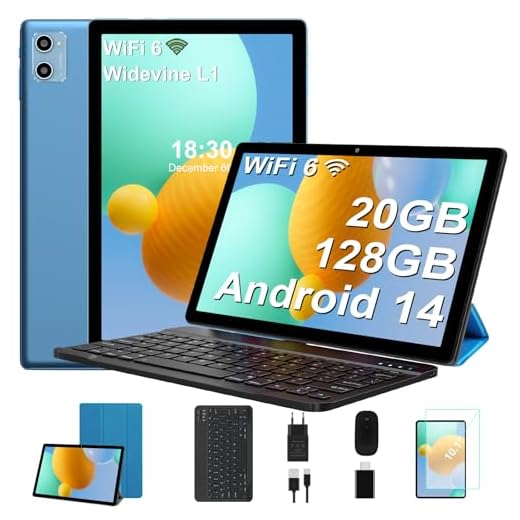SUAAT Newest Tablet Android 14 10 Pollici 20GB RAM+128GB ROM(1TB TF), WiFi 6,Octa-Core,1.8Ghz, GMS, 8MP + 5MP, Bluetooth 5.0,OTG, Cast, Tablet PC con Custodia, Tastiera e Mouse, Blu