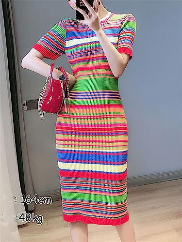 Women Colorful Striped Tight Knitting Dress Summer Short Sleeve Slim Thin Sheath Midi Bodycon Dress3