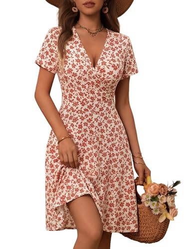 Image of MSBASIC Womens Summer Wrap V Neck Casual Dresses Floral Short Sleeve A-Line Midi Sundress