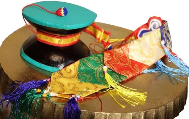 Tibetan Chod Damaru Round, Large, Wooden Leather, With Brocade Damaru Drum Cover Damaru Brocade Tail - Nepali Authentic Design Hand Carved Folk Musical Instrument for All Age Groups of Musicians