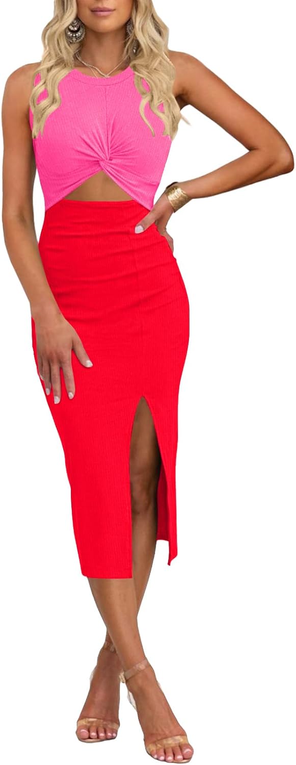 oten Women's Casual Sleeveless Cutout Twist Front Side Slit Ribbed Knit Party Bodycon Midi Dresses