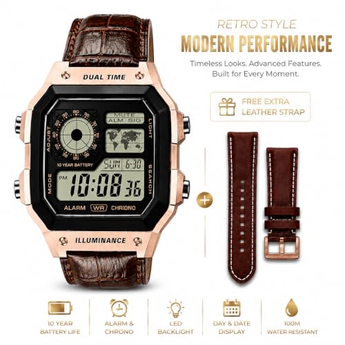 Image of Digital Watch for Men Square Dial Brown Leather Strap Rose Gold Case