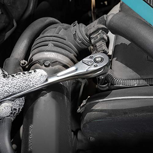 Image of DURATECH 3 /8 Inch Drive Ratchet Handle, Ratchet Socket Wrench, 90 Tooth, 8-3 /8 Inch Length, Heavy Duty, Professional Ratchets, Quick-release Reversible, Premium Chrome Alloy Made, Polish Chrome Finish