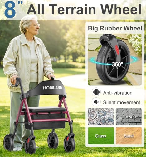 Image of HOMLAND Foldable Rollator Walkers for Seniors with Seat, 17 lb Lightweight | 8 inch All-Terrain Rubber Wheels, Reinforced Aluminum Frame, Cup Holder, 16'' Enlarged Seat, Height Adjustable, Easy Assembly