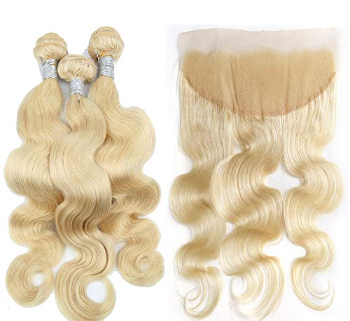 Fabwigs 613 Blonde Human Hair 3 Bundles Weft With Lace Frontal Body Wave Unprocessed Brazilian Human Hair (12 14 16 Bundle+10 Free Part Frontal)