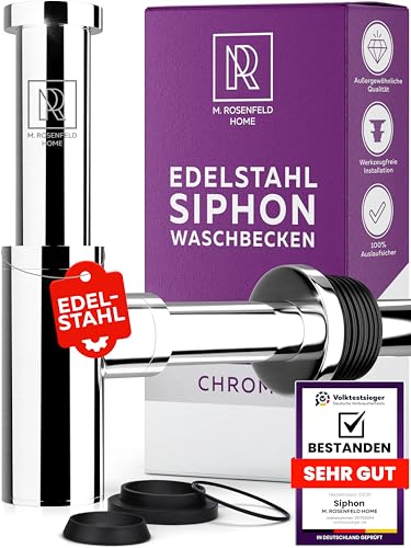 M. ROSENFELD HOME Siphon Waschbecken Edelstahl 60-140mm Höhe, Abflussrohr 330mm Länge, 1 1/4' für Bad & Waschtisch mit Reinigungsöffnung, Dichtungen und Einbauanleitung