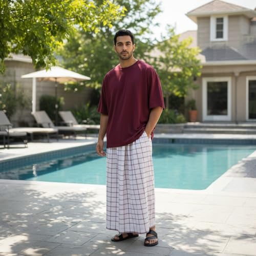 وزرة مطاطي مع جيب جانبية للرجل باللون الأبيض وزره صيفي مريحة وبارد للرجال وزرة رجالي معوز ، فوطه رجال رجليه مناسب للمنزل النوم شورت رياضي الرياضة للرياضيه تمارين (أبيض مقلمم 3 خطوط عدي)