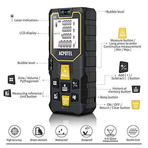 Laser Measure, ACPOTEL Super Cost-Effective 165 ft Laser Tape Measure - 2 Bubble Levels, Laser Distance Meter with Mute Function/Backlit LCD Screen/Pythagorean/Distance/Area/Volume Mode - Thumbnail 5