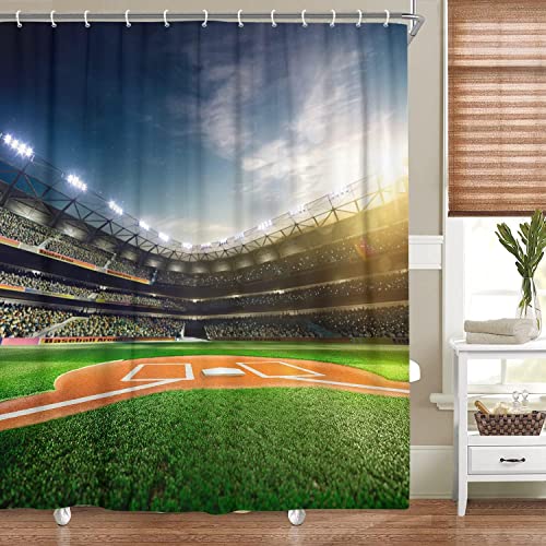 DYNH Sports Field Shower Curtain, Professional Baseball Grand Arena in The Sunlight, Fabric Baseball Bathroom Decor, Bath Curtains Accessories, 60X70IN