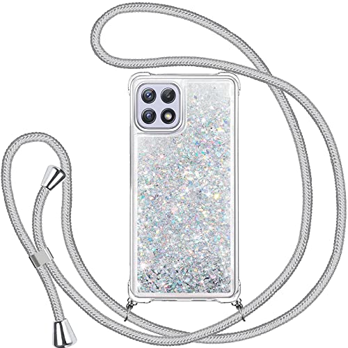 Coque A22 5G avec Cordon Collier Coque pour Samsung Galaxy A22 5G Étui avec Liquide Paillette Bling Étui Galaxy A22 avec Réglable Lanyard Transparent Cristal Ultra Fine Flexible TPU Protection Case Cover