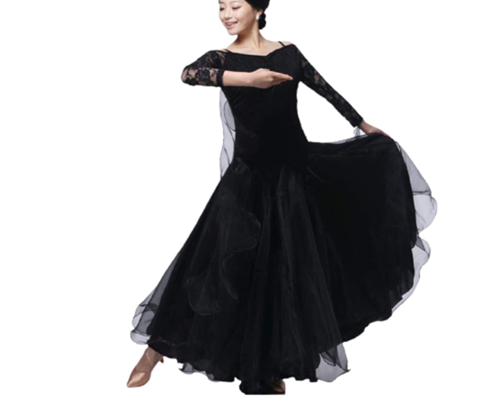 OTMYIGO Ballsaal-Kleid für Damen Walzer-Spitze Ballsaal-Tanzkleid für Damen mit Langen Ärmeln Tango-Tanzkleider Standard-Kleid
