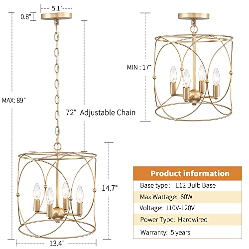 Untrammelife 4-Light Rose Gold Chandelier, Modern Adjustable Height Cage Pendant Lights Kitchen Island, 13.4 Inch Dia Drum Ceiling Light Fixture thumb #6