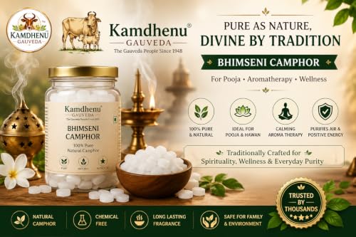 Image of First Hygienic Premium Glass Jar Pack & Lab Tested Edible Grade Solid Crystals Natural Bhimseni Camphor | 100% Pure Organic Mangal Brass Kapoor | Pooja, Havan, Aarti & Aromatherapy Pacha Karpooram |