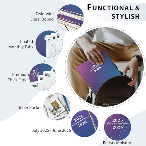 Ymumuda 2025-2026 Planner Weekly Monthly,JUL.2025 to JUN.2026, 12 Months, 8.5" X 11", 2025-2026 Large Monthly Calendar Planner with Spiral Bound, Excellent for School Office Supplies, Blue & Purple