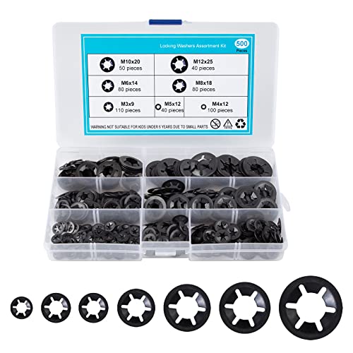 500 Pièces Rondelles de Blocage Rondelle Starlock Universel Rondelle de D'arrêt M3 M4 M5 M6 M8 M10 M12 Rapide Pousser Fixations Assortment Kit avec Boîte Noir