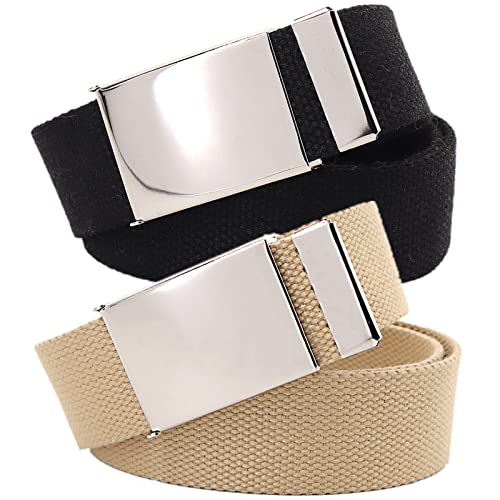 Cinturón de algodón para hombres mujeres, cinturón de tela de lona ​​tamaño de hasta 165cm con hebilla militar plateada con tapa abatible banda de cintura ajustable, paquete de 2