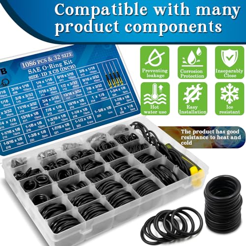 Image of ZDBB 1086 Pcs SAE Standard O Ring Kit Nitrile Rubber O-Rings Assortment with O'Ring Pick for Hydraulic Automotive Plumbing Faucet Seal Repair 32 Size Inch ID:1 /8 inch-2 inch