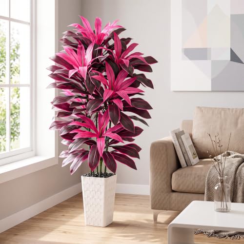 Image of Artificial Dracaena Plant Fake Tree with Planter Faux Yucca Tall Fake Floor Plant, Artificial Trees for Home Bedroom Office Indoor Living Room Decoration (Purple, 6FT)