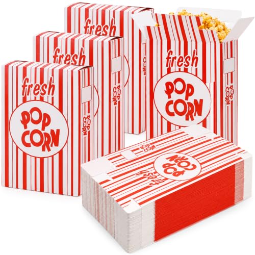 Image of Fasmov 100 Pack Large Paper Popcorn Boxes, 6 inch L x 2 1 /2 inchW x 8 1 /2 inchH Close Top Movie Theater Popcorn Boxes, Popcorn Containers for Movie Party and Theater Night (Red and White Stripes)